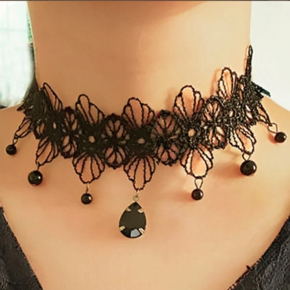 NEW! SEXY BLACK LACE & JEWELS CHOKER NECKLACE - Flirty Gift - Picture 6 of 7